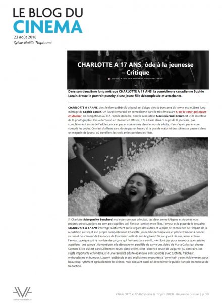 Charlotte à 17 ans - film - quebec -sortie nationale - France - relations presse - attaché de presse