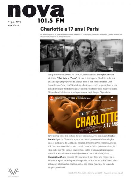 Charlotte à 17 ans - film - quebec -sortie nationale - France - relations presse - attaché de presse