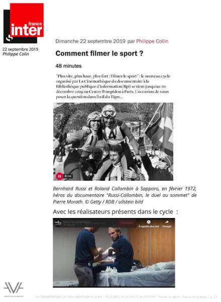 La Cinémathèque du documentaire - Bibliothèque publique d'information - Bpi - Filmer le sport - France Inter - revue de presse - relations presse - attaché de presse - cinéma - documentaire - festival