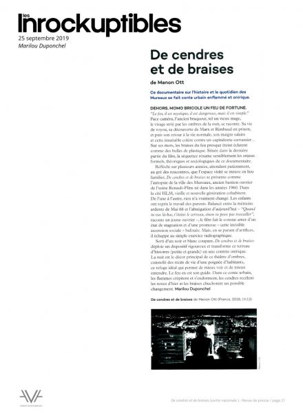 De cendres et de braises - film - documentaire - Manon Ott - sortie nationale - relations presse - Les Inrockuptibles