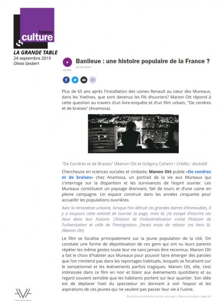 De cendres et de braises - film - documentaire - Manon Ott - sortie nationale - relations presse - France Culture - La Grande Table