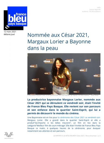 Qu'importe si les bêtes meurent - film - court métrage - Sofia Alaoui - César 2021 - relations presse - France Bleu - Margaux Lorier