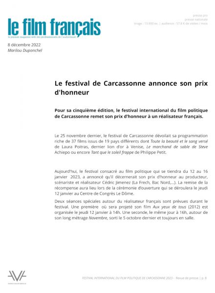Festival du film politique de Carcassonne 2023 - festival - cinéma - société - politique - citoyen - relation presse -2023 - Le Film Français