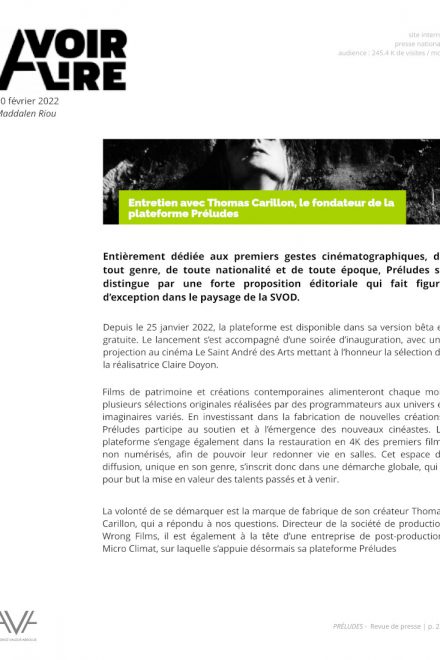 Préludes - France - 2022 - plateforme - SVOD - films - cinéma - relations presse - aVoir aLire