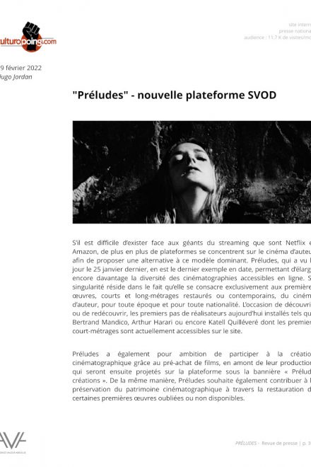 Préludes - France - 2022 - plateforme - SVOD - films - cinéma - relations presse - Culturopoing