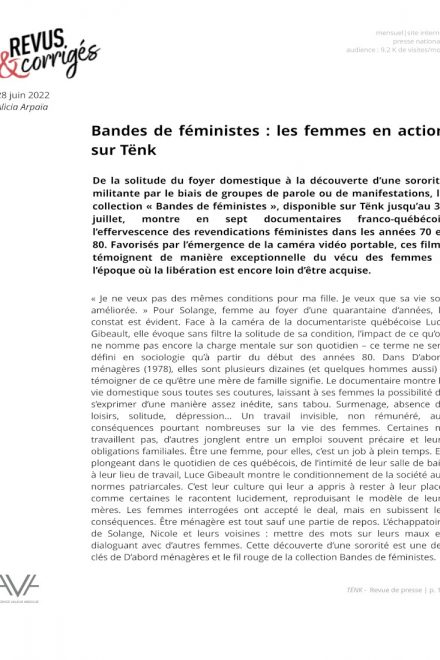 Tënk - France - 2022 - plateforme - SVOD - documentaires - relations presse - Revus & Corrigés