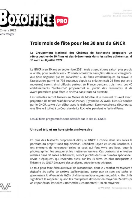 GNCR 30 ans - France - 2022 - anniversaire - festival - cinéma - relations presse - Box Office Pro