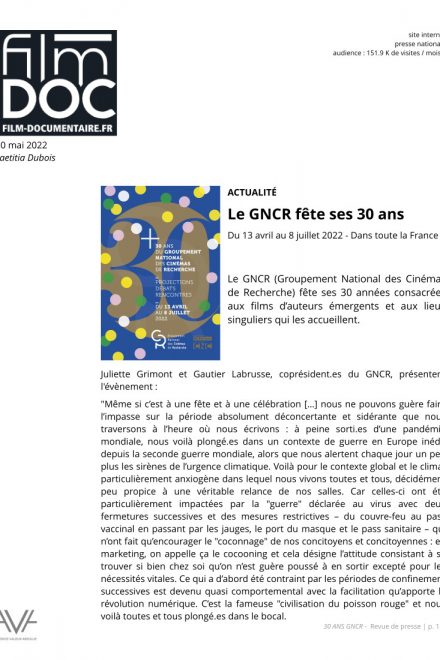 GNCR 30 ans - France - 2022 - anniversaire - festival - cinéma - relations presse - Film-documentaire