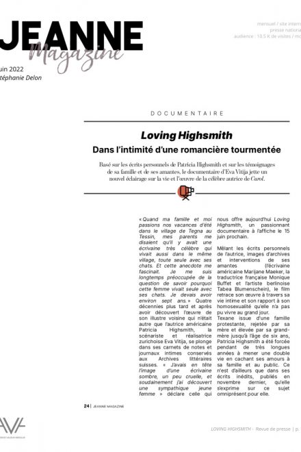 Loving Highsmith - Eva Vitija - film - documentaire - Patricia Highsmith - sortie - salles - relations presse - Jeanne Magazine