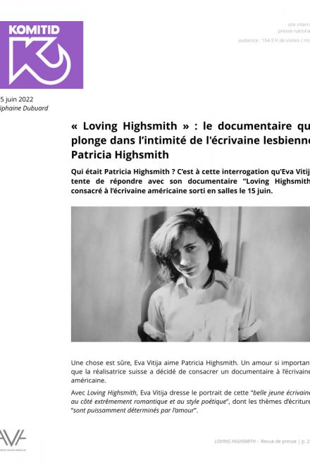 Loving Highsmith - Eva Vitija - film - documentaire - Patricia Highsmith - sortie - salles - relations presse - Komitid