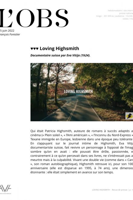 Loving Highsmith - Eva Vitija - film - documentaire - Patricia Highsmith - sortie - salles - relations presse - L'Obs