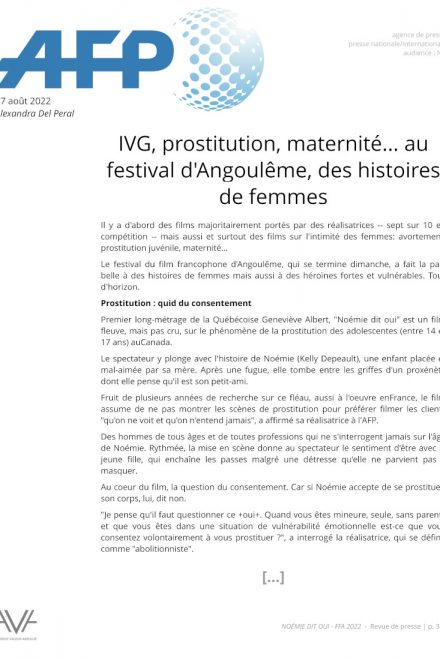 Noémie dit oui - Geneviève Albert - film - fiction - Québec - FFA - compétition - relations presse - AFP