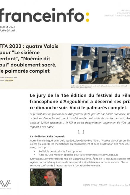 Noémie dit oui - Geneviève Albert - film - fiction - Québec - FFA - compétition - relations presse - France Info