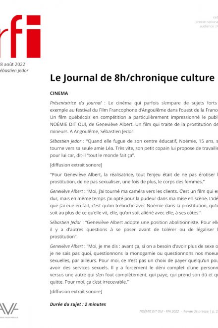 Noémie dit oui - Geneviève Albert - film - fiction - Québec - FFA - compétition - relations presse - RFI