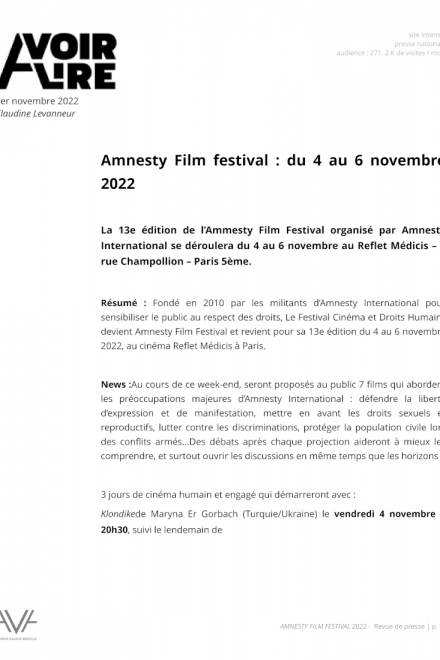 Amnesty Film Festival - Paris - 2022- festival - cinéma - films - courts métrages - relations presse - aVoir aLire