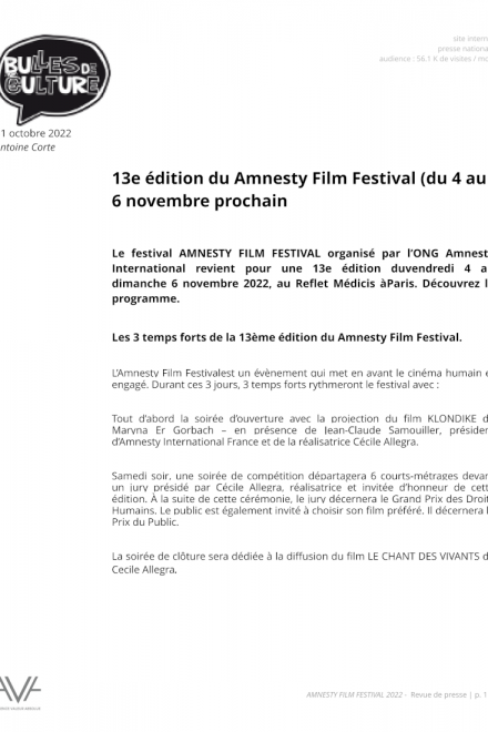 Amnesty Film Festival - Paris - 2022- festival - cinéma - films - courts métrages - relations presse - Bulles de Culture