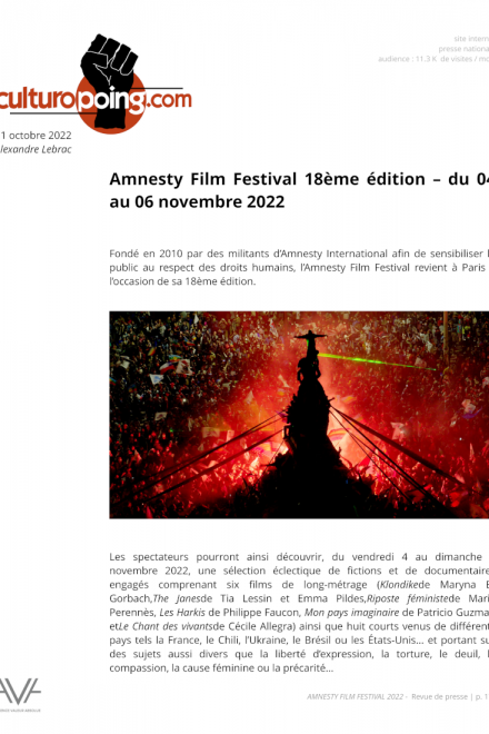 Amnesty Film Festival - Paris - 2022- festival - cinéma - films - courts métrages - relations presse - Culturopoing