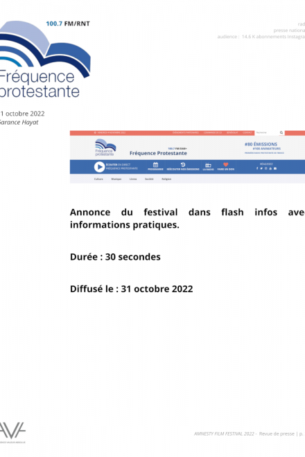 Amnesty Film Festival - Paris - 2022- festival - cinéma - films - courts métrages - relations presse - Fréquence protestante
