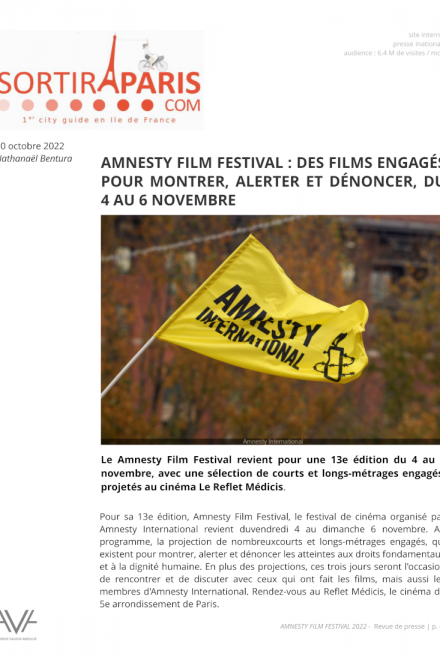 Amnesty Film Festival - Paris - 2022- festival - cinéma - films - courts métrages - relations presse - Sortir à Paris