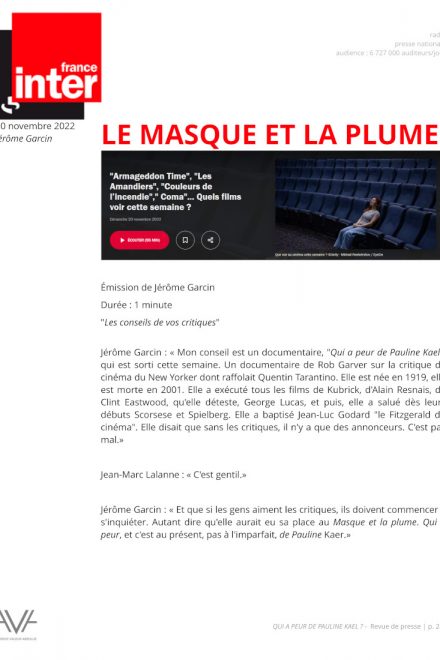 Qui a peur de Pauline Kael ?- Rob Garver - film - documentaire - États-Unis relations presse - France Inter