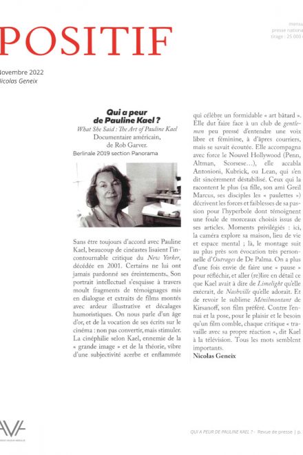 Qui a peur de Pauline Kael ?- Rob Garver - film - documentaire - États-Unis relations presse - Positif