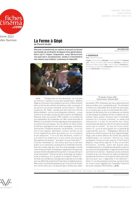 La ferme à Gégé - Florent Verdet - film - documentaire- relations presse - Les Fiches du cinéma