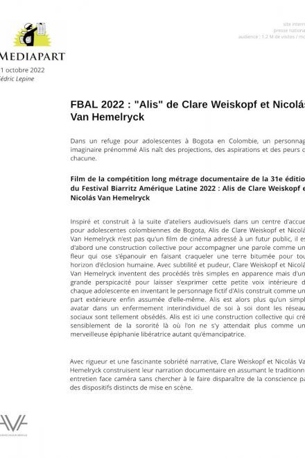 Alis - Clare Weiskopf et Nicolas van Hemelryck - Colombie - relations presse - Mediapart